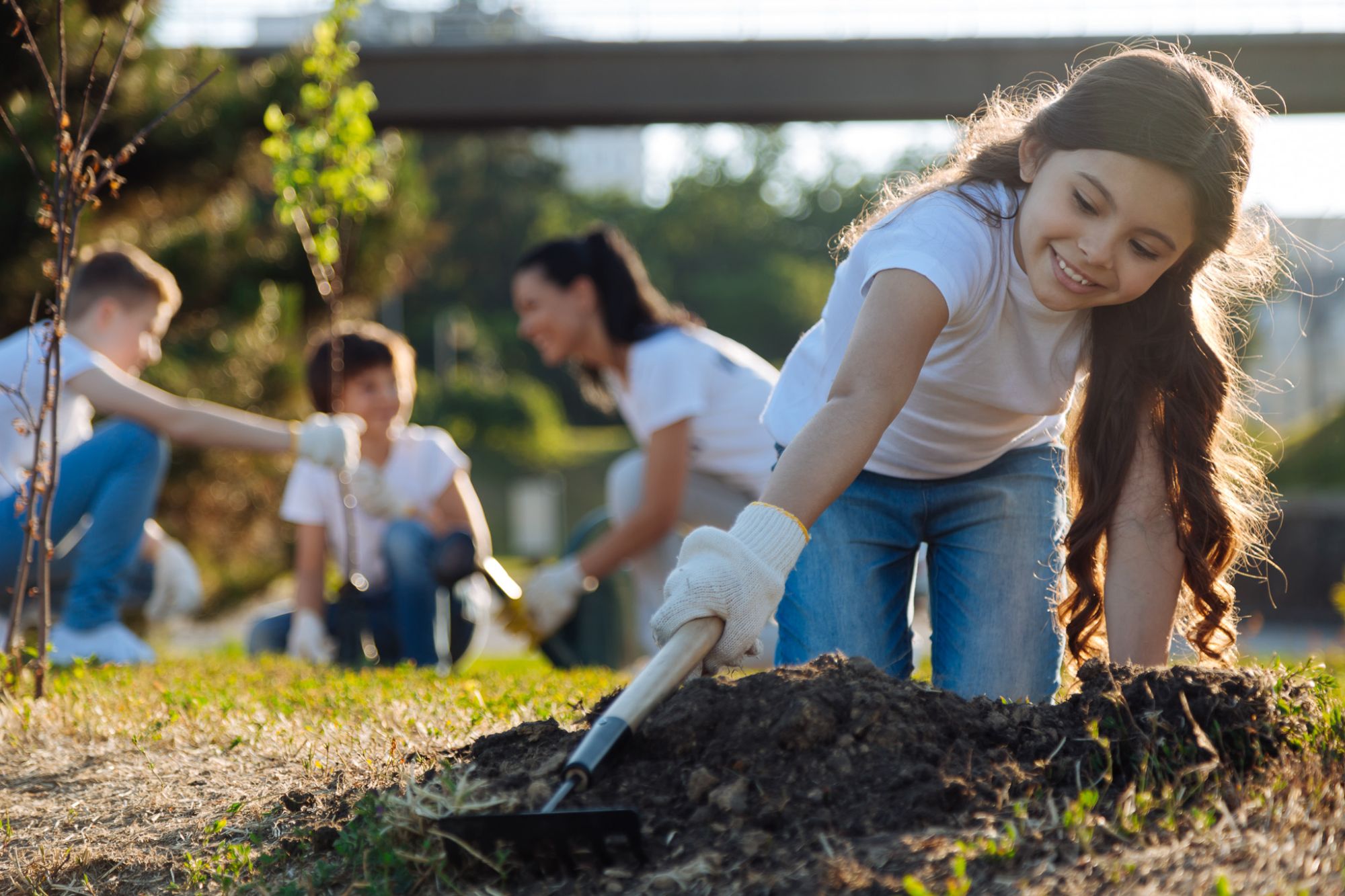 Volunteer working with rake